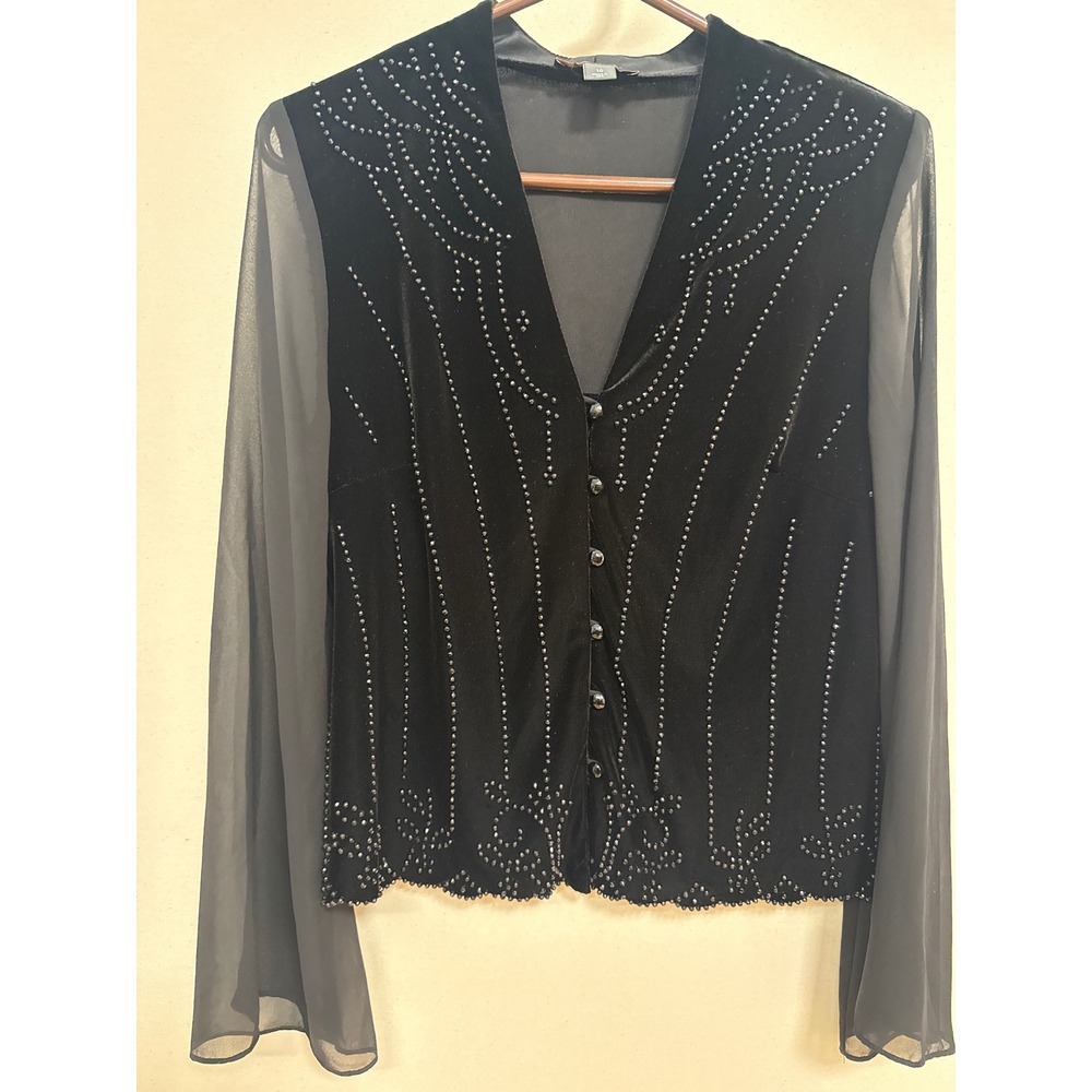 Vintage Black Velvet Beaded Evening Top Sheer Bell Sleeve Button Front Size 10